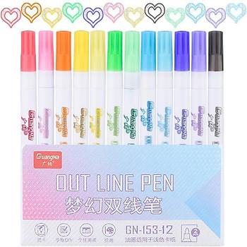 Çift Hat Out Line Pen 12 Renk Kontür Vurgulayıcı Dekoratif 2mm Uç