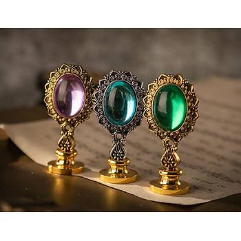 Kraliyet Yeşil Taşlı Döküm Metal Mum Mühürü Sapı Antik Gold 