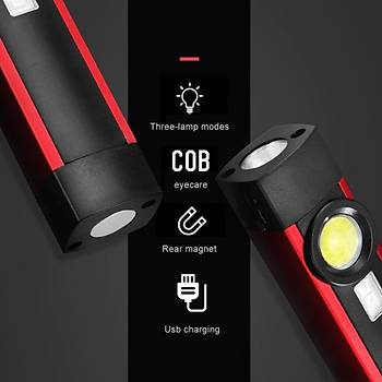 3 in 1 Fener COB Led + Led Fener + UV Ik Manyetik Taban arjl Dahili Pil