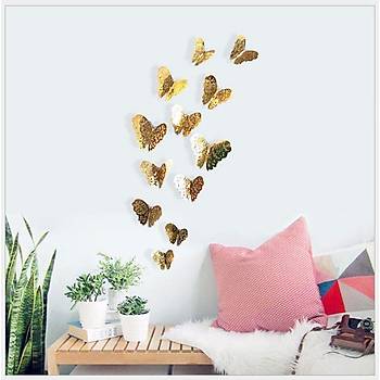 Ev Dekorasyon 3D Metalik Pirin� Renk Oyma PVC Kelebek 12 li S�sleme Model W3
