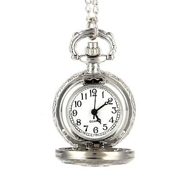 Kuvars Köstekli Mini Cep Saati Kolye Silver Çiçek Sarmaşık Desen