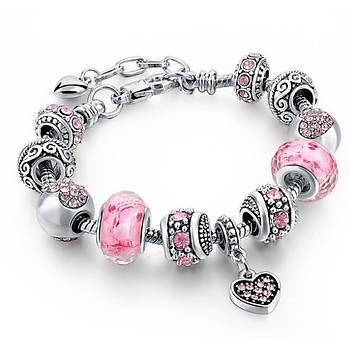 Kristal ve Pembe Kalp Boncuk Bilezik Gümüş Kaplama Yılan Zincir 