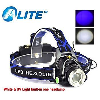 Uv 395nm 3w-Beyaz 5w Led Işık Şarjlı Kafa Lambası + 2*18650 Pil + Duvar Şarjı