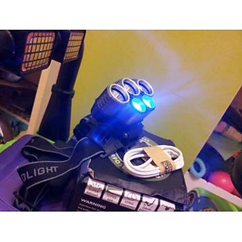 USB Şarjlı Led Kafa Far 3 T6 Beyaz Led + 2 Q5 Mavi Led 10000lm Balıkçılık Lambası 