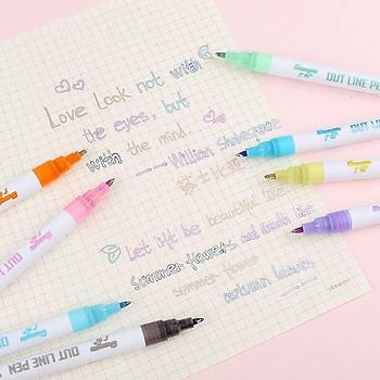 Çift Hat Out Line Pen 12 Renk Kontür Vurgulayıcı Dekoratif 1mm Uç