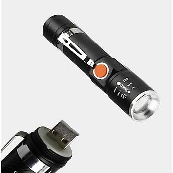 Mini Fener Dahili Batarya Kendinden USB �arj Soketli T6 Led Zoom