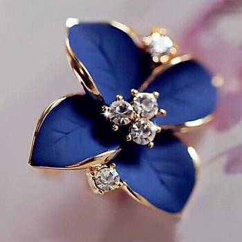 Zarif Mavi Çiçek Altýn Kaplama Rhinestone (Yapay Elmas) Küpe 
