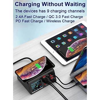 100W 8 Port USB Hızlı Şarj Cihazı PD QC3.0 HUB Qi Kablosuz Şarj 