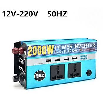 2000W 12V/220V İnverter DC/AC Dönüştürücü 4 USB 2 Fiş Çıkışı