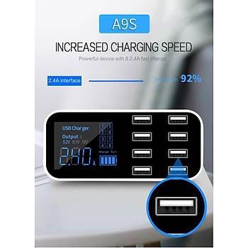 8 USB Portlu LED Ekran Ara ve Masast arj  Adaptr 40W 2.4A 