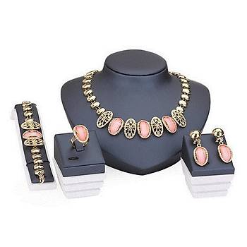 Kolye Yüzük Bilezik Küpe Pembe Kristal Set Altın Kaplama Zincir 