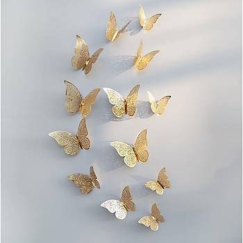 Ev Dekorasyon 3D Metalik Pirin Renk Oyma PVC Kelebek 12 li Ssleme Model W2
