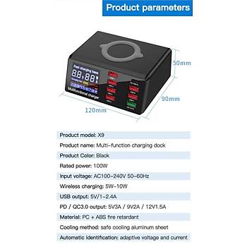 100W 8 Port USB Hızlı Şarj Cihazı PD QC3.0 HUB Qi Kablosuz Şarj 