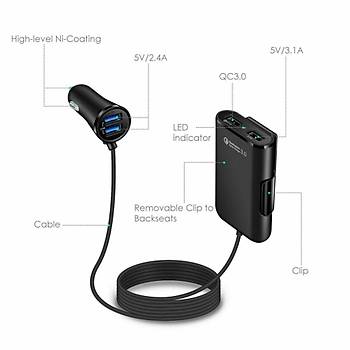 QC3.0 Araç Şarj 4 USB Portlu Ön Arka Koltuk Klip Yolcu Adaptörü 
