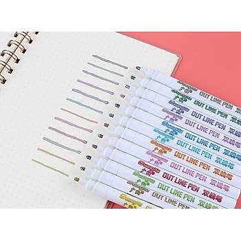Çift Hat Out Line Pen 12 Renk Kontür Vurgulayıcı Dekoratif 2mm Uç