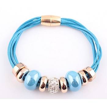 Deri Bilezik Mavi Boncuk Zirkon Taşlı Manyetik Tokalı Bileklik