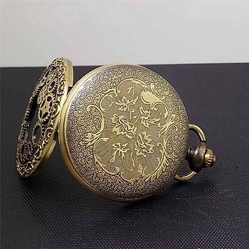 Kuvars Köstekli Mini Cep Saati Kolye Bronz Dişli Çark Desenli