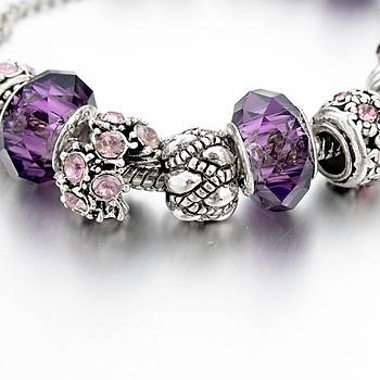 Kristal ve Mor Kalp Boncuk Bilezik Gümüş Kaplama Yılan Zincir 