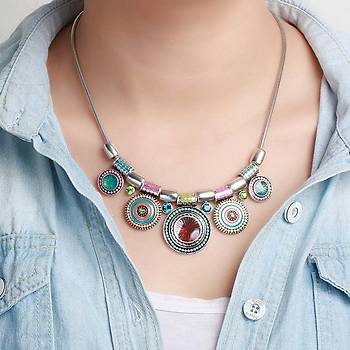 Gerdanlık Kolye Vintage Chokers Renkli Boncuk Gümüş Kaplama