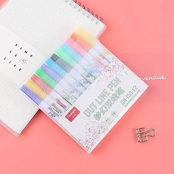 Çift Hat Out Line Pen 12 Renk Kontür Vurgulayıcı Dekoratif 1mm Uç
