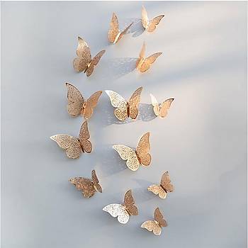 Ev Dekorasyon 3D Metalik Pirin Renk Oyma PVC Kelebek 12 li Ssleme Model W2
