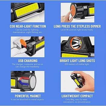 Kafa Lambas� Cob + XPE Led �arjl� Dahili Pil M�knat�sl� 2 Modlu