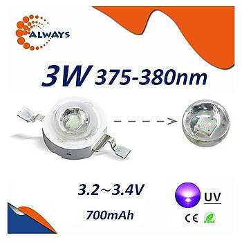 3W UV Boncuk Power Led 375-380nm 700 mAh Ø 8mm 3.2-3.4V 