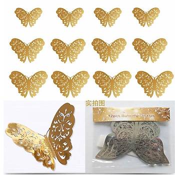 Ev Dekorasyon 3D Metalik Pirinç Renk Oyma PVC Kelebek 12 li Süsleme Model W3