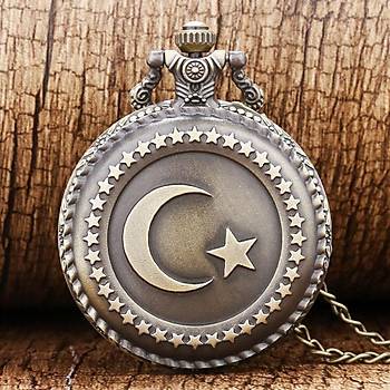 Klasik Kuvars Köstekli Cep Saati Bronz Antika Kolye Zincirli Türk Bayrağı Desenli