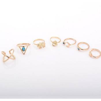 Bohem 7 Parça Arrow Yüzük Turkuaz  Takı Ayarlanabilir Boyut Gold