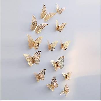 Ev Dekorasyon 3D Metalik Pirinç Renk Oyma PVC Kelebek 12 li Süsleme Model W1