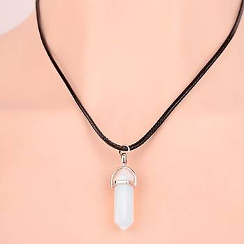 Kuvars Kristal Kolye White Jade Altgen Stun Siyah Suni Deri Kordon 