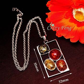 Vintage Retro Gümüş Kaplama Afrikan Amber Kolye Küpe Takı Seti 