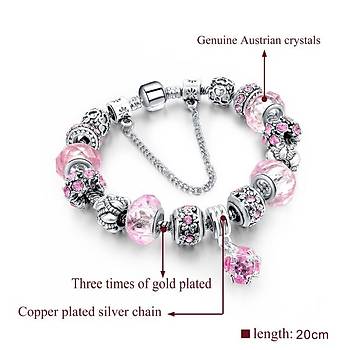 Kristal ve Mor Kalp Boncuk Bilezik Gümüş Kaplama Yılan Zincir 