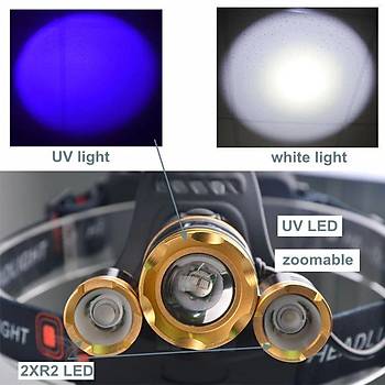 Uv + 2 Beyaz Led Zoom Ayarlı Kafa Lambası + 2*18650 Pil + Duvar Şarj Cihazı