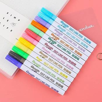 Çift Hat Out Line Pen 12 Renk Kontür Vurgulayıcı Dekoratif 1mm Uç