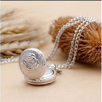 Kuvars Köstekli Mini Cep Saati Kolye Silver Gonca Gül Desen