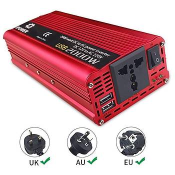 �ift USB 2000W 12V to 220V G�� �nvert�r� �arj D�n��t�r�c� Adapt�r