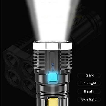 4 LED + COB El Feneri USB Şarjlı Dahili Pil 4 Mod 5W Pil Gösterge