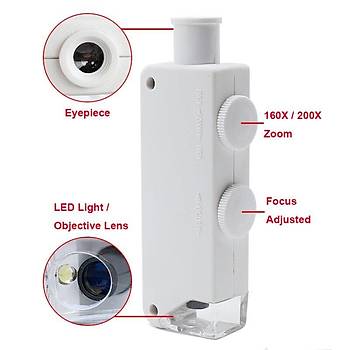 160-200X Beyaz Cep Optik Mikroskop El Büyüteç Aydınlatmalı Yakınlaştırmalı 