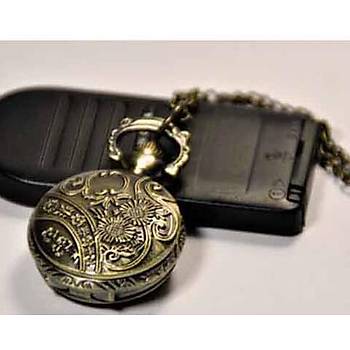 Kuvars Köstekli Mini Cep Saati Kolye Bronz Gonca Gül Desen