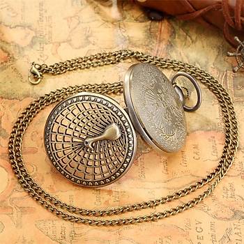 Kuvars Köstekli Cep Saati Silver Antika Kolye Tavus Kuşu Desenli