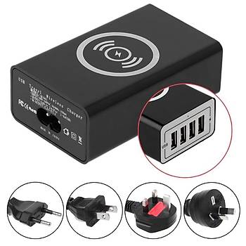 Qi Kablosuz Şarj İstasyonu & 4 USB Portu Şarj Cihazı iPhone Huawei Xiaomi HTC   