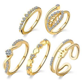 5 li Yüzük Set Zirkon Taşlı Altın Kaplama Taç Kristal Yaprak Dese