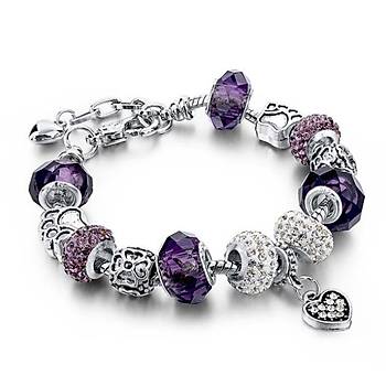 Kristal ve Mor Kalp Boncuk Bilezik Gümüş Kaplama Yılan Zincir 