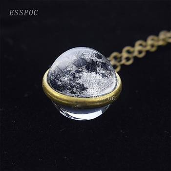 Dolunay Cam Küre Kolye 18 mm 55 cm Bronz Cerçeve Zincir  