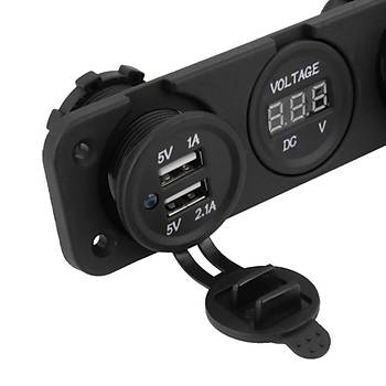 Ara akmak Soket + Dijital Voltmetre + 12V ift USB Adaptr 3 in 1 