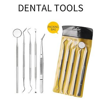 Paslanmaz Çelik Diş Temizleme Ağız Bakımı 5 li Set Ayna Orak Skaler Spatula Cımbız