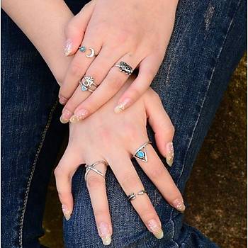 Bohem 7 Parça Arrow Yüzük Turkuaz  Takı Ayarlanabilir Boyut Silver