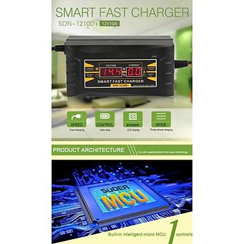 Ak arj Adaptr 12V 10A Smart LCD Ekran Motorsiklet-Araba-Ak Sistemleri